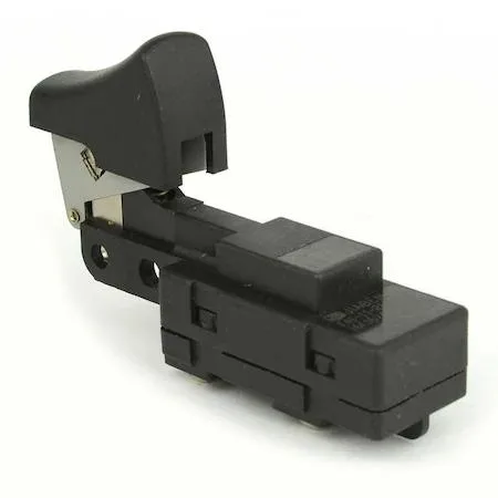 Small rectangular trigger switch with lock button, grey plastic body, metal terminals visible