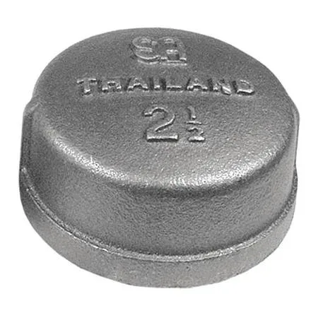 Malleable iron pipe cap with threaded FNPT end, dark metal finish