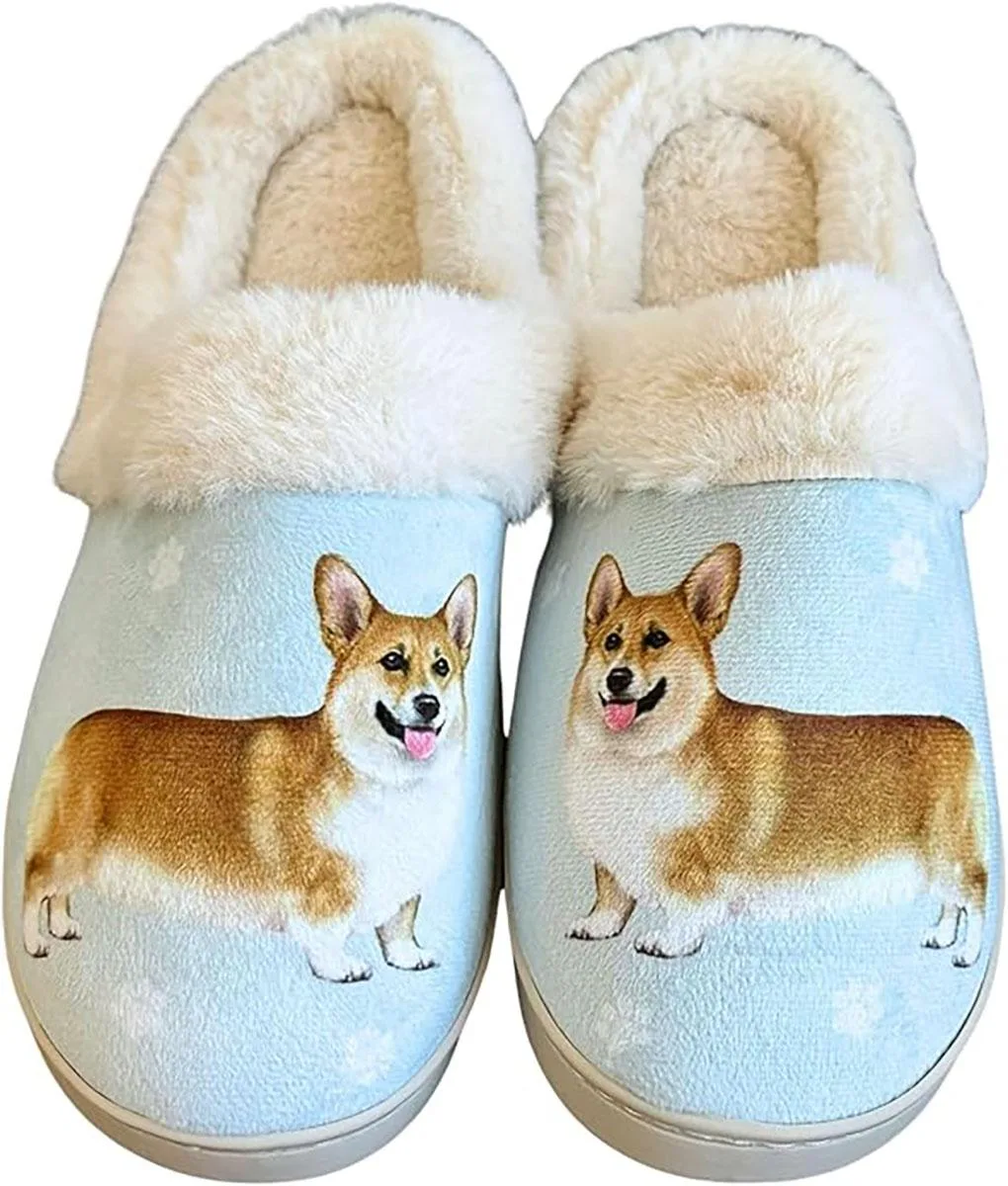 Corgi printed fuzzy slippers with memory foam and rubber sole