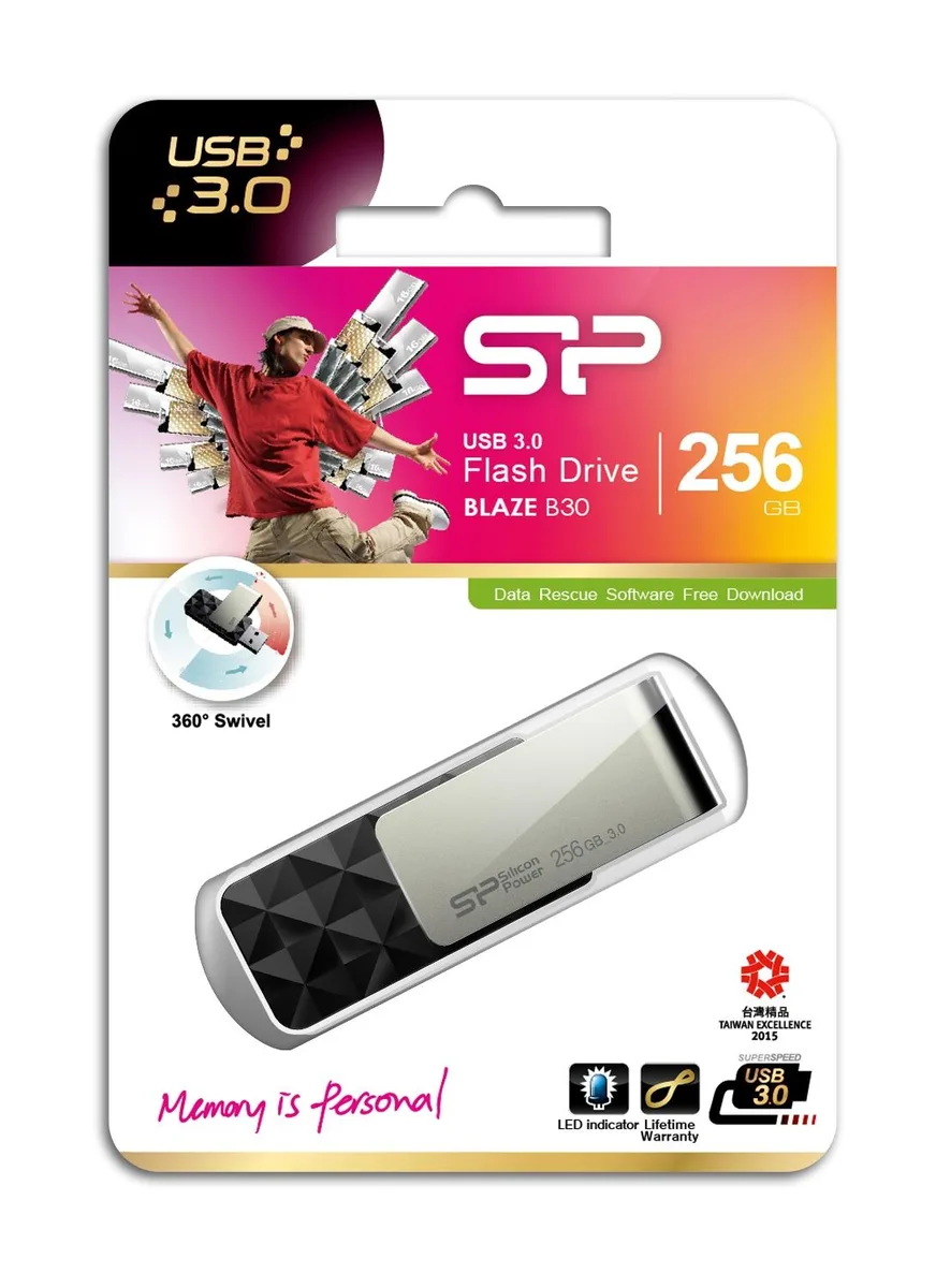 Silicon Power Silicon Power B30 Blaze 256GB USB 3.0 Flash Drive Swivel Black — product photo