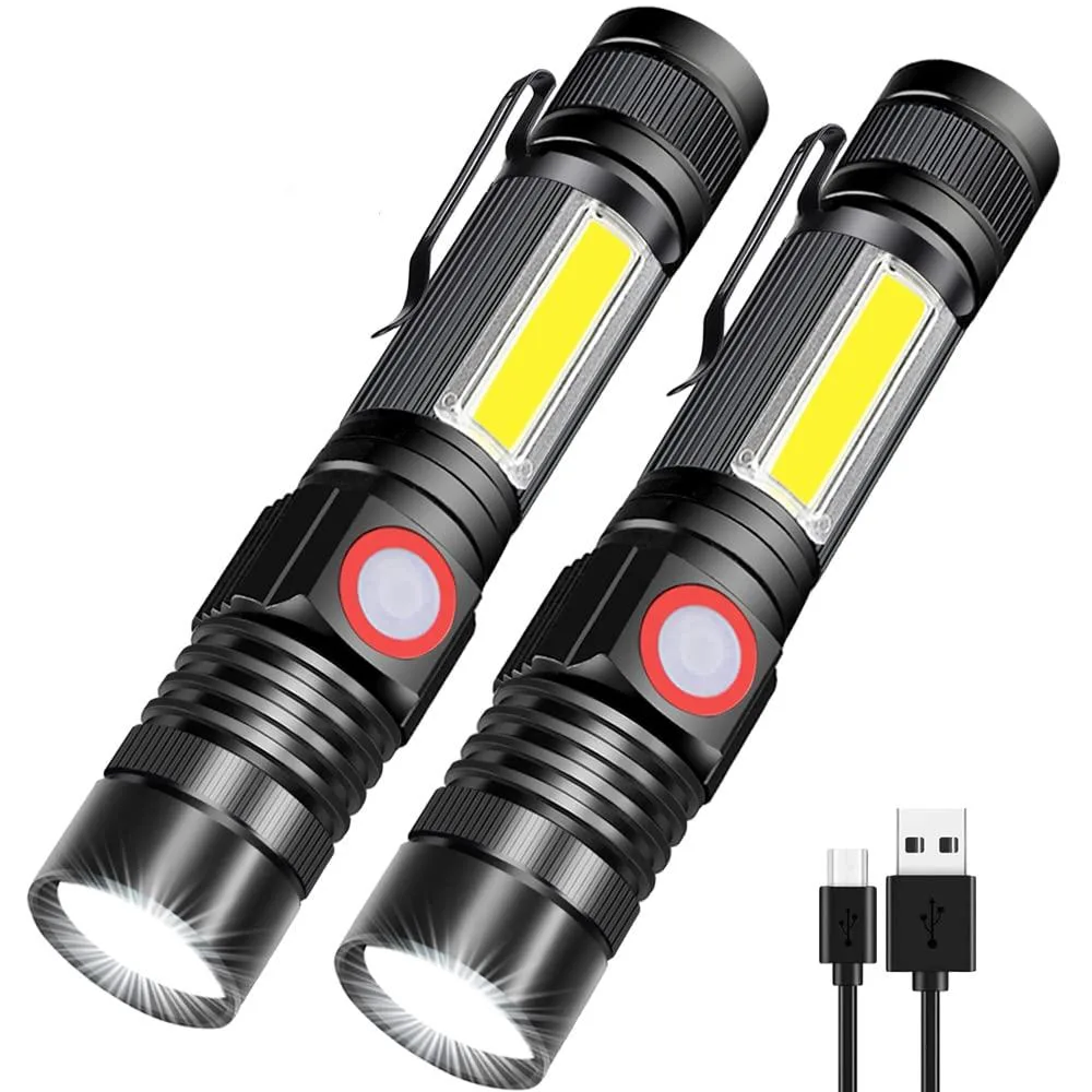 Two compact aluminium flashlights with magnetic bases and side COB lights