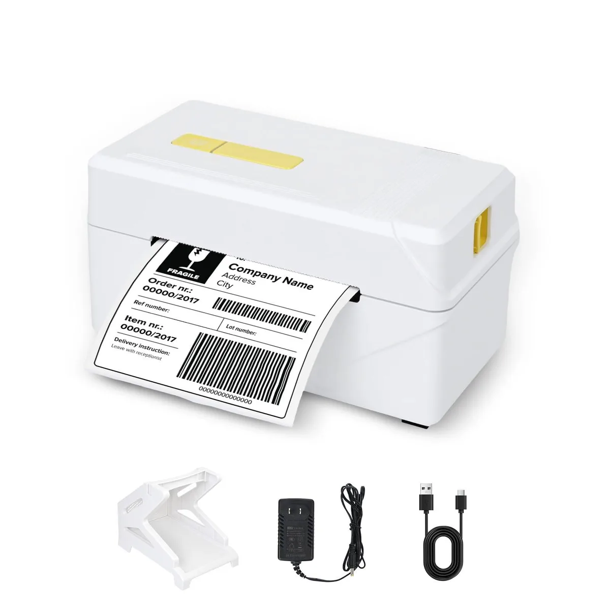 Compact white thermal label printer with paper holder and fanfold labels loaded