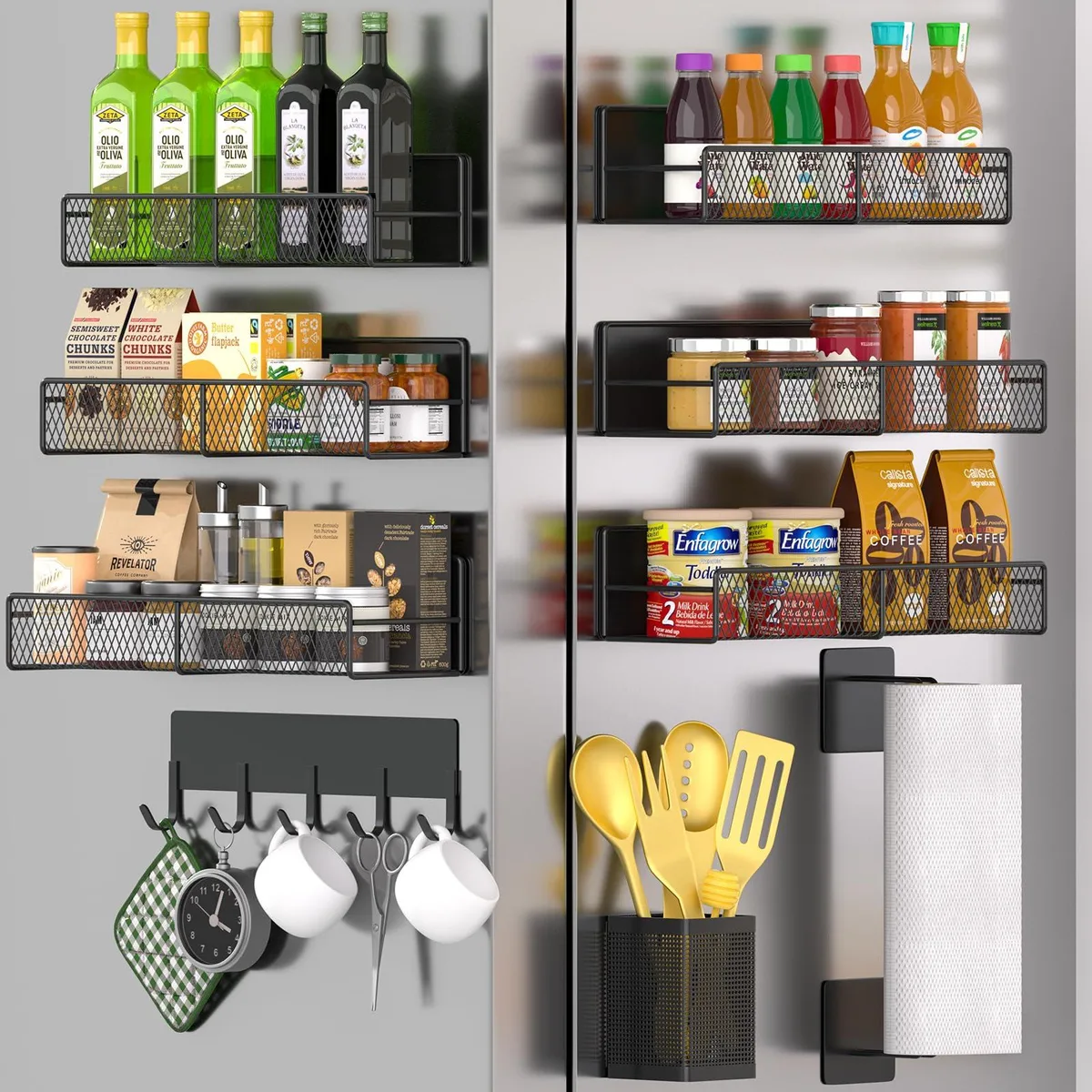 Red metal magnetic spice rack set with ten pieces including jars, towel holder, hooks and caddy
