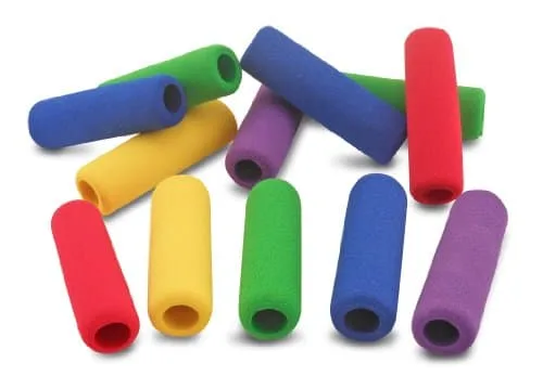 Twelve soft foam pencil grips in assorted bright colors, each about one and a half inches long