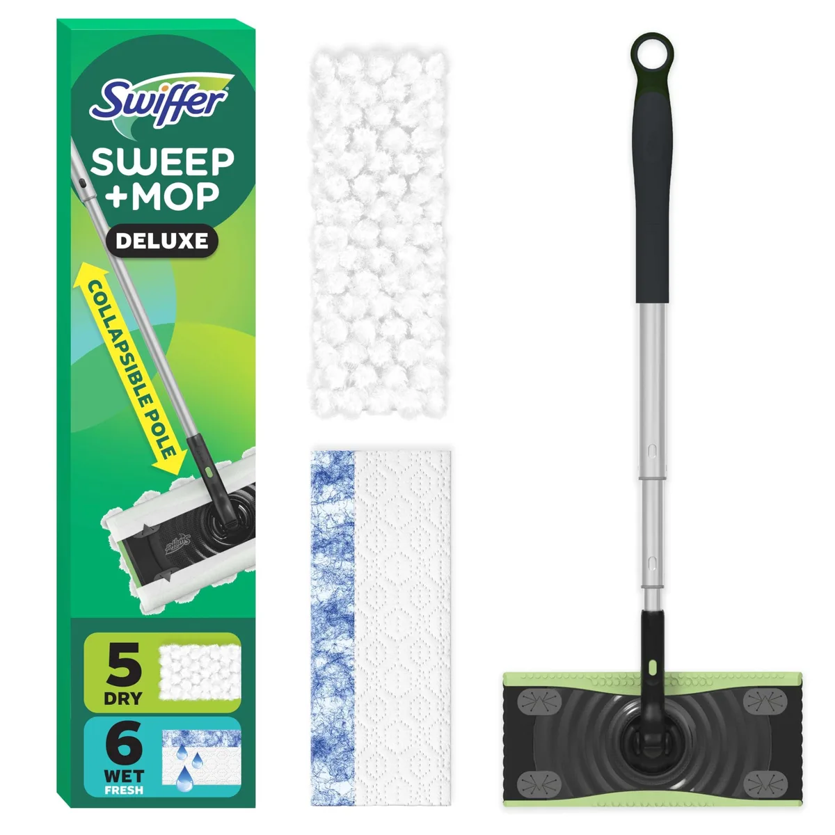 Black collapsible sweeper mop with locking head and cloths