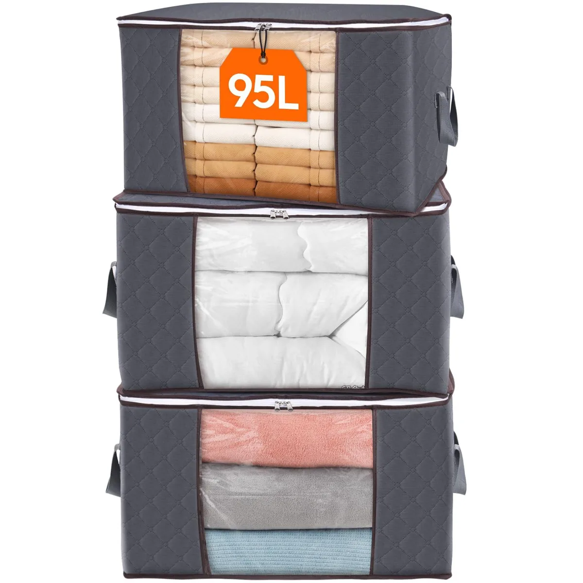 Three folded rectangular fabric storage bins with lids, clear front windows, reinforced handles, two-way zippers