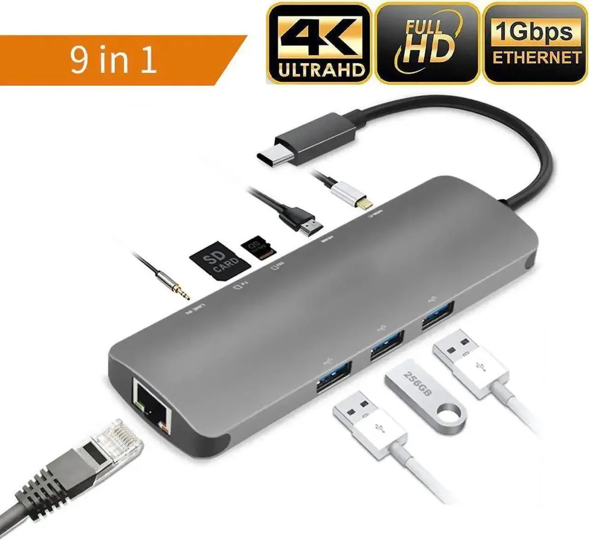 SMUGDESK SMUGDESK 9-in-1 USB-C Hub 4K HDMI Gigabit Ethernet 3×USB 3.0 PD Audio SD/TF — product photo