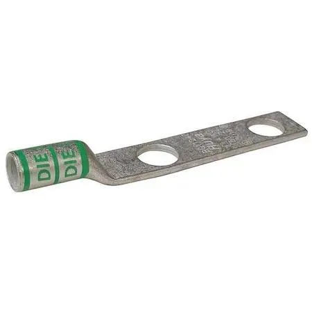 Copper two-hole compression lug, green colour code, long barrel, straight tongue