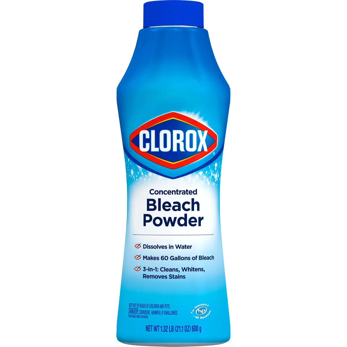 White plastic bottle of Clorox concentrated bleach powder, 21.1 oz