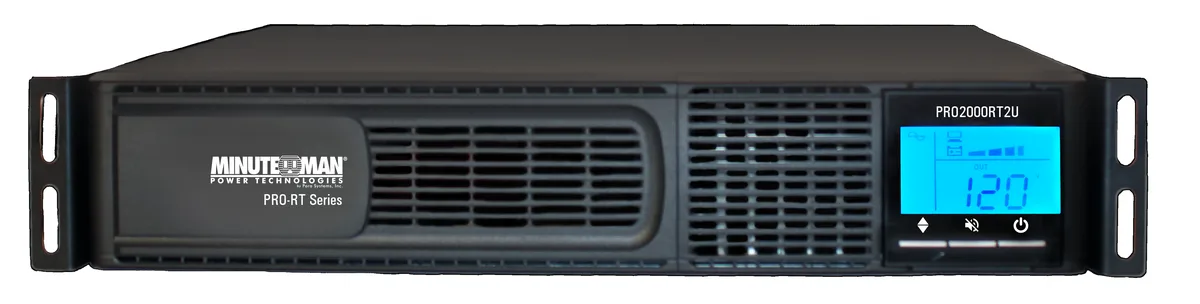Rectangular black metal 2U chassis with front LCD and rear outlets