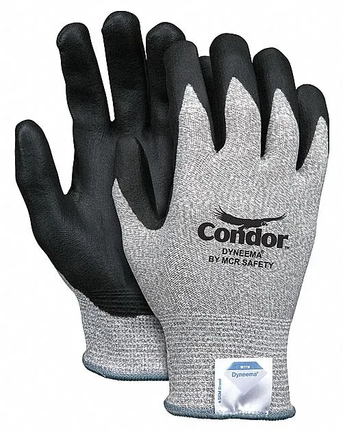 Pair of grey knit gloves with black foam nitrile palm coating