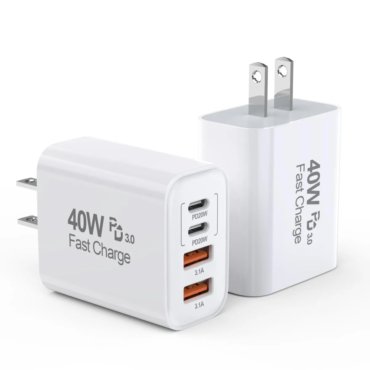 Two white rectangular wall chargers each with two USB-C and two USB-A ports