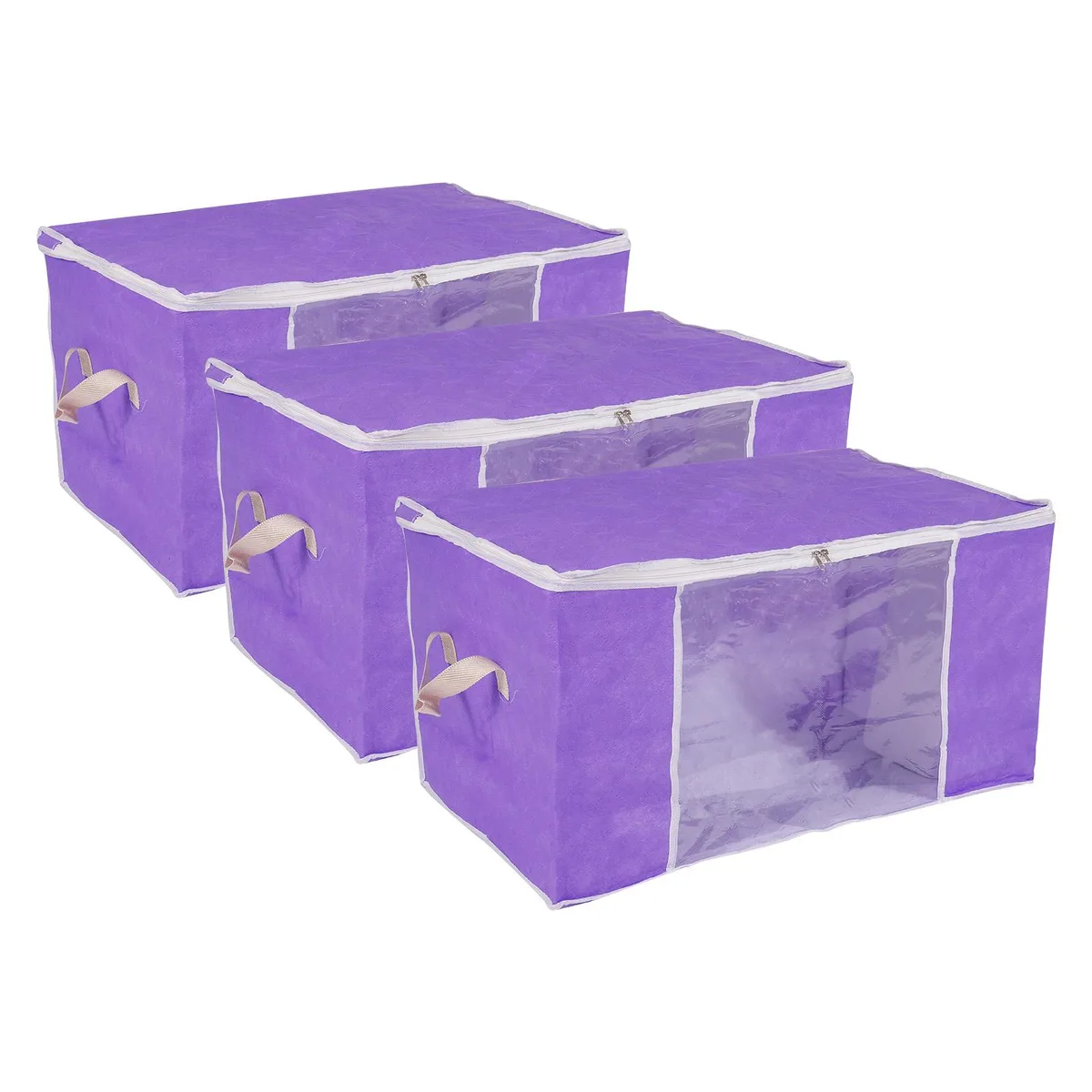 Three purple fabric storage boxes with clear windows and handles, folded flat