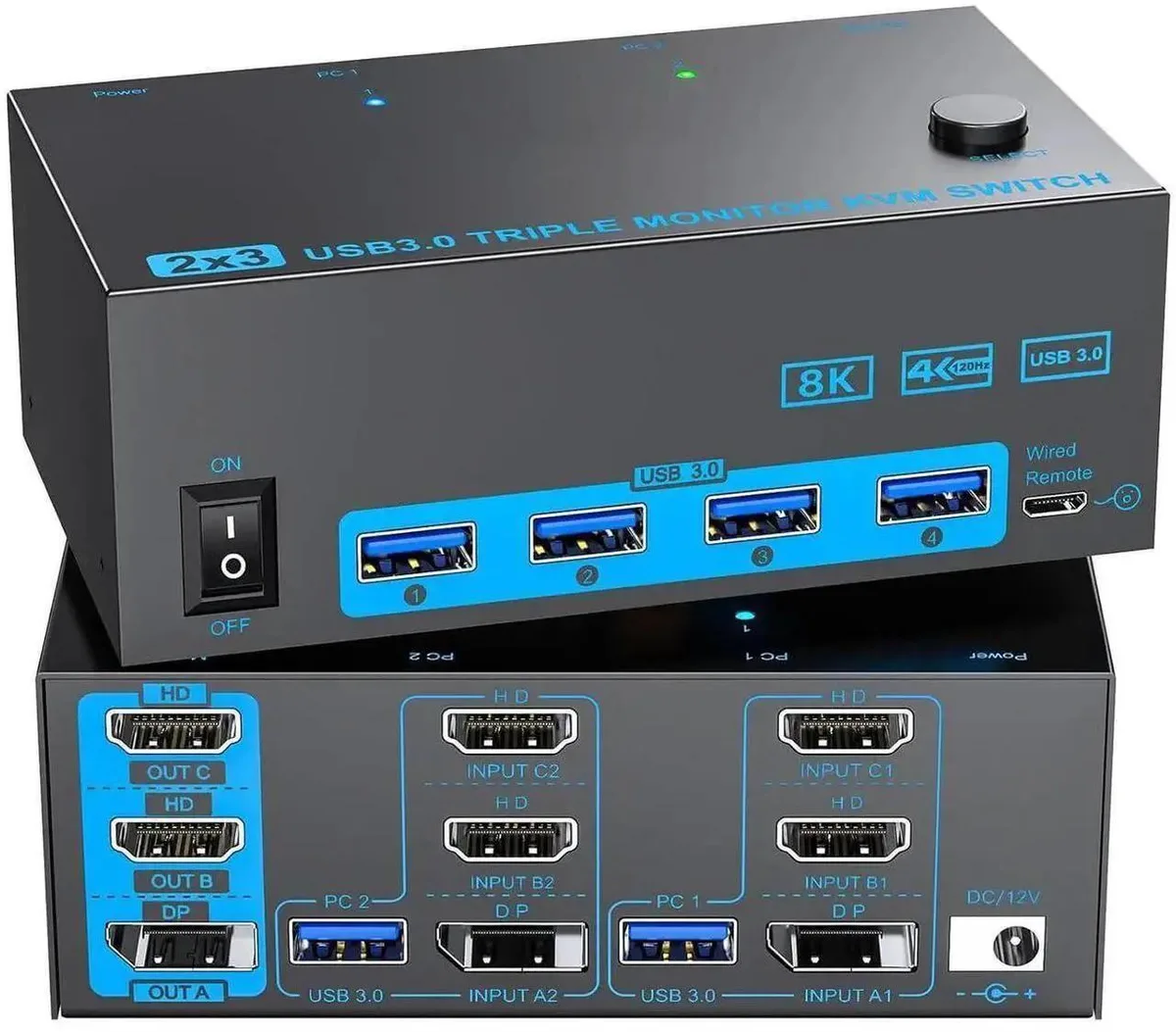 Vszerda Vszerda KVM Switch 2 PC 3 Monitors 2 HDMI + DP 4K@144Hz 8K@60Hz USB 3.0 Wired Remote — product photo