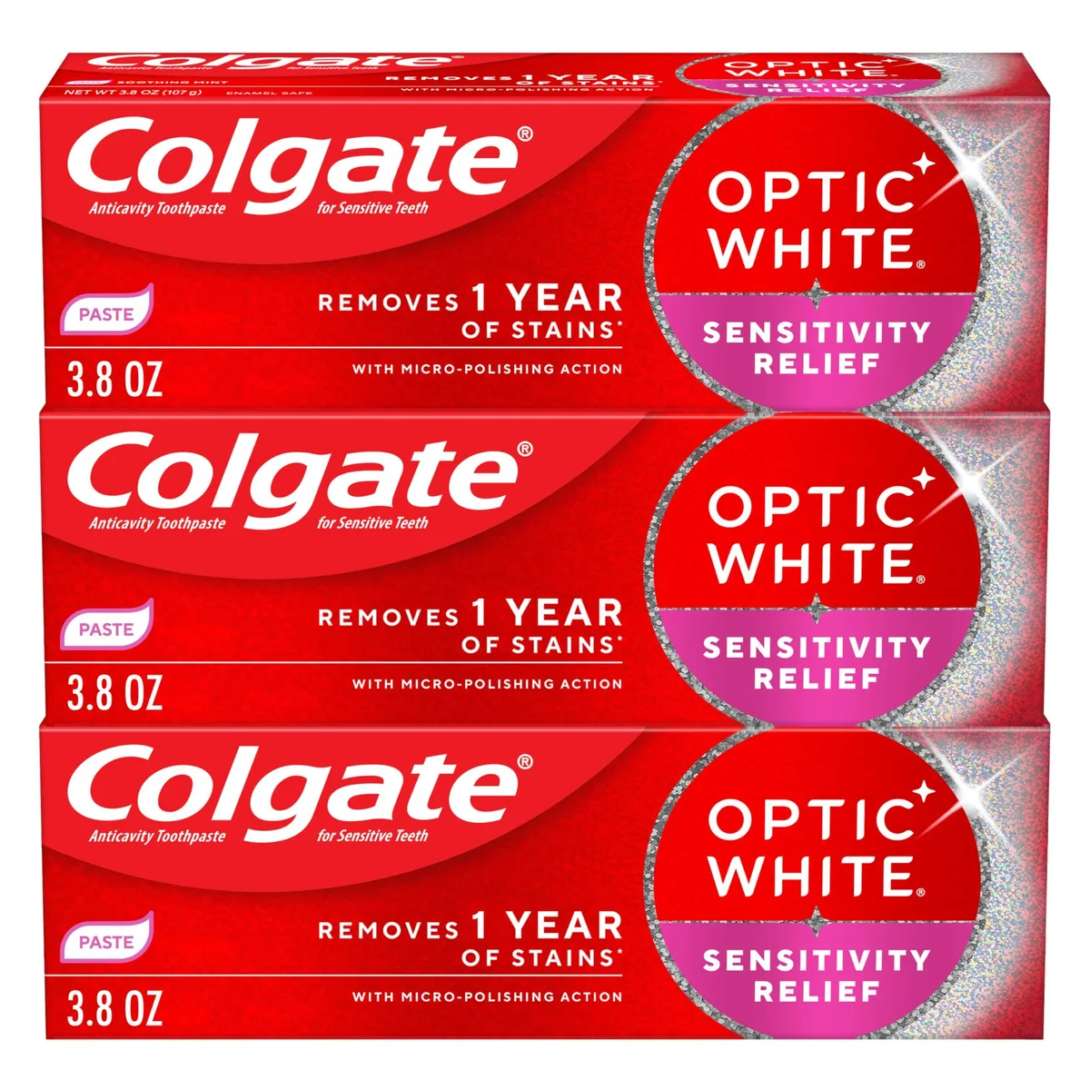 Three white 3.8 oz toothpaste tubes in a pack