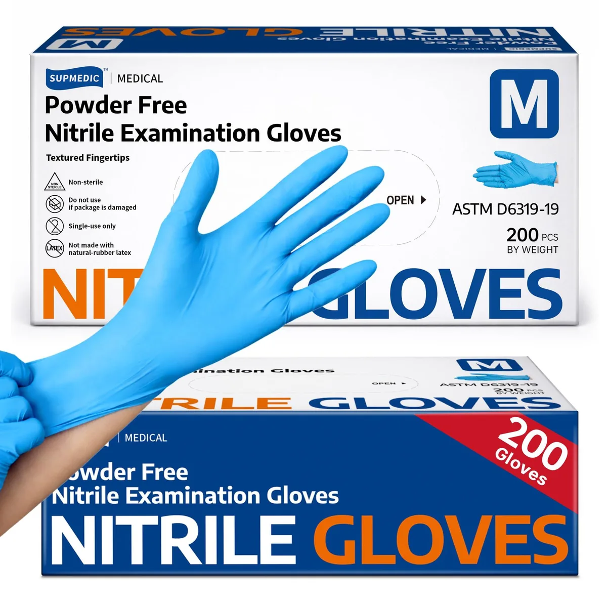 Blue nitrile disposable gloves in a 200-count box