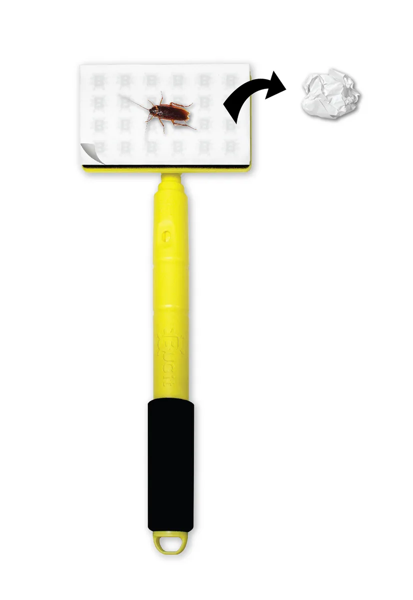 Yellow extendable pest wand with adhesive pads, 14 to 28 inches, 360-degree swivel head
