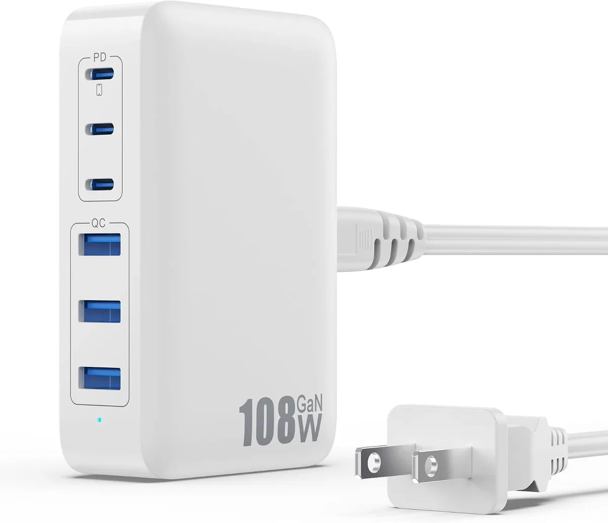 ONITOON ONITOON 108W GaN III 6-Port USB-C Charger 3xPD+3xQC White 5ft Cord — product photo