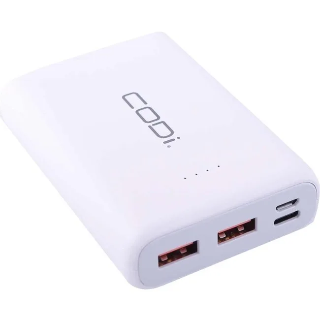White slim rectangular power bank with USB-C and dual USB-A ports