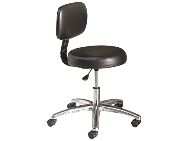Black medical exam stool with upholstered back, polished chrome five-star base and hooded casters