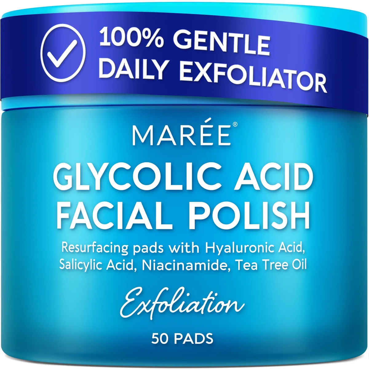 Round blue jar containing 50 glycolic acid toner pads