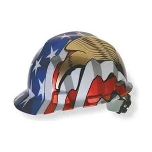 Blue hard hat with American flag and two eagles, front brim, ratchet suspension