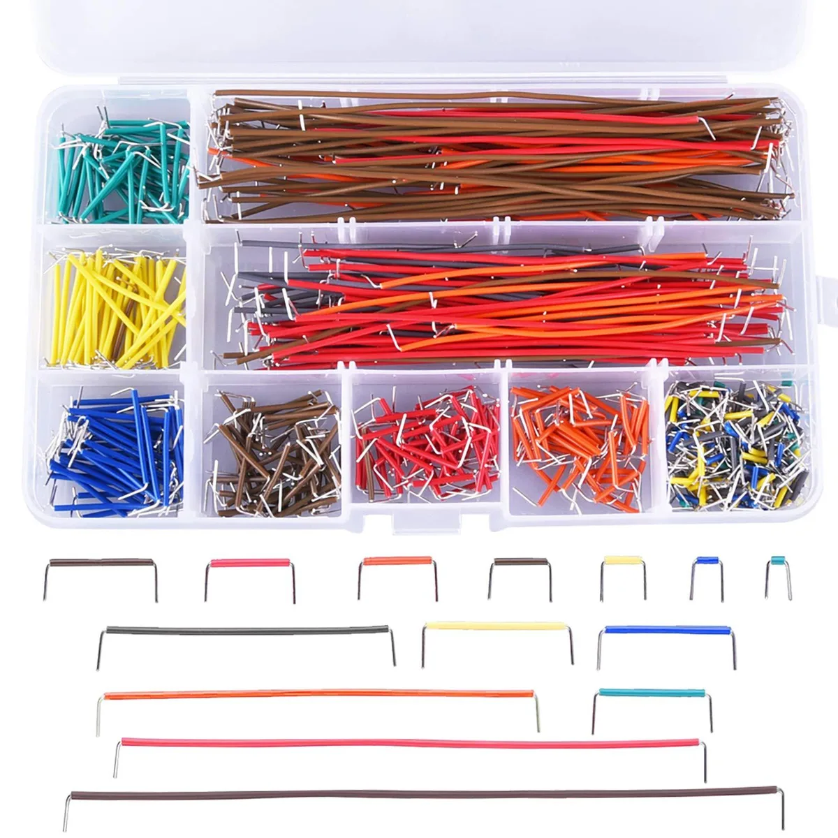 Assorted preformed breadboard jumper wires in plastic box