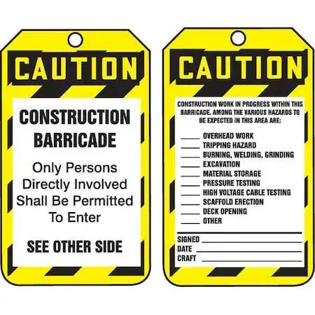 Pack of 25 rectangular cardstock caution tags with black headers