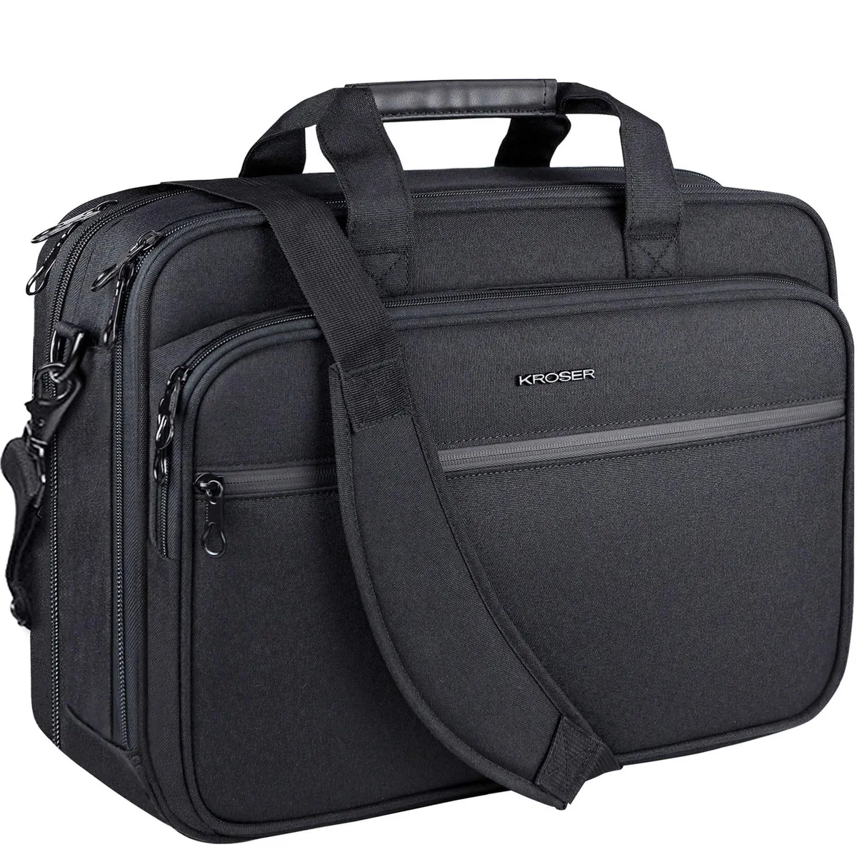 Black canvas laptop briefcase with expandable zipper, padded handles and removable shoulder strap