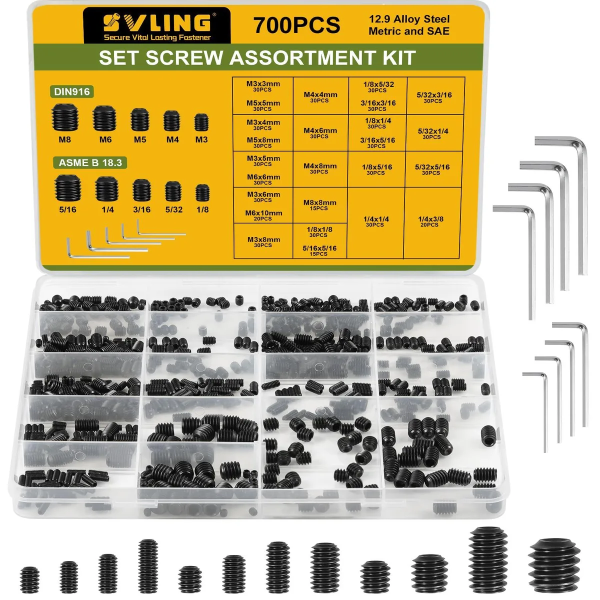 SVLING SVC05001 700PCS 25 Sizes Metric SAE Set Screw Kit 12.9 Alloy Steel — product photo