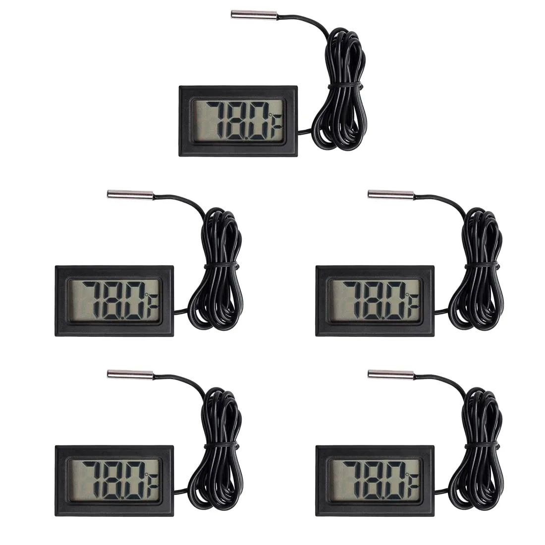 Five small black digital LCD thermometers with one-metre probes