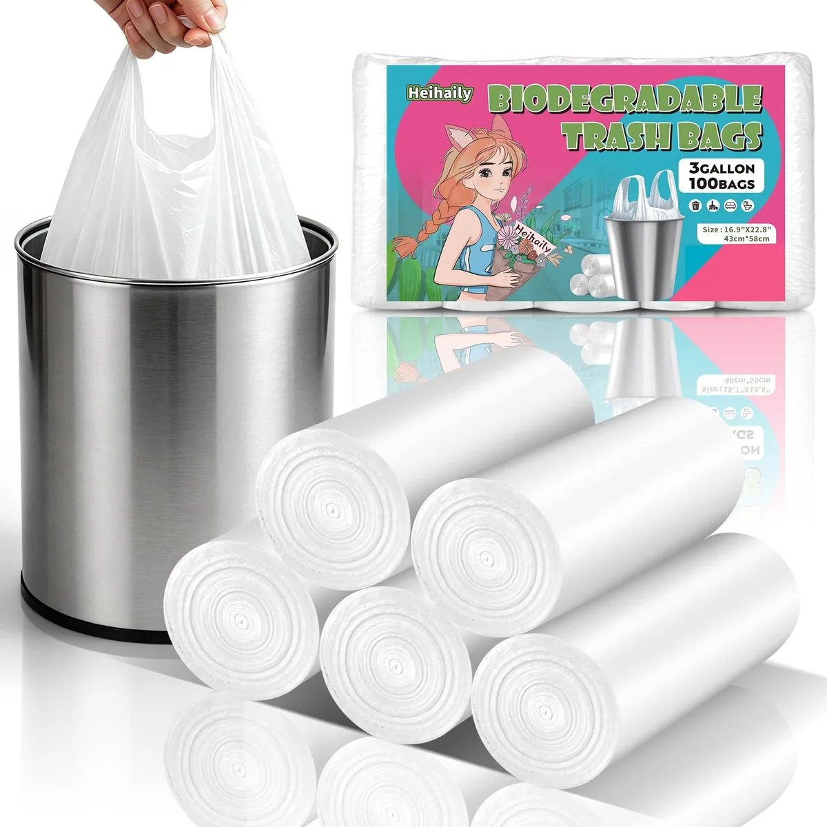  heihaily 3 Gallon Small Trash Bags with Handles White 100 Count 12 Liter 4.4 g — product photo