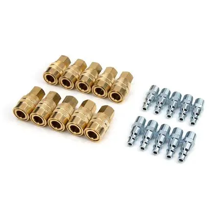 Brass quick-connect set with 10 couplers and 10 steel plugs, knurled brass finish