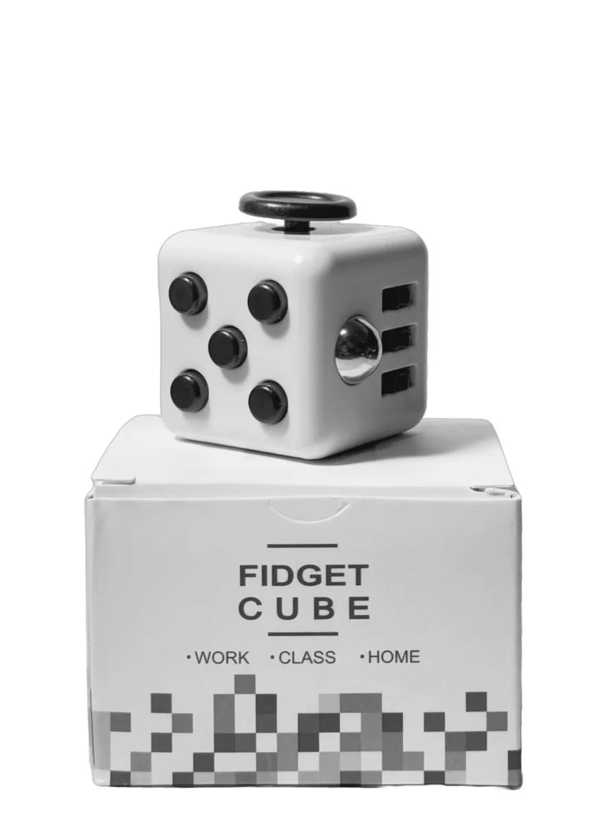 Small plastic fidget cube with buttons switches and dials on each side