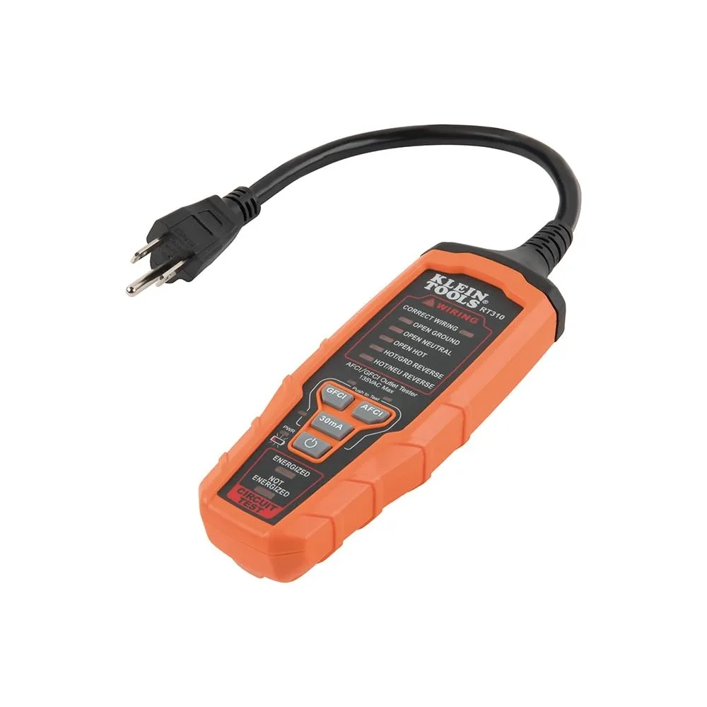Yellow handheld tester with three-prong plug on 10in flexible cord and indicator lights