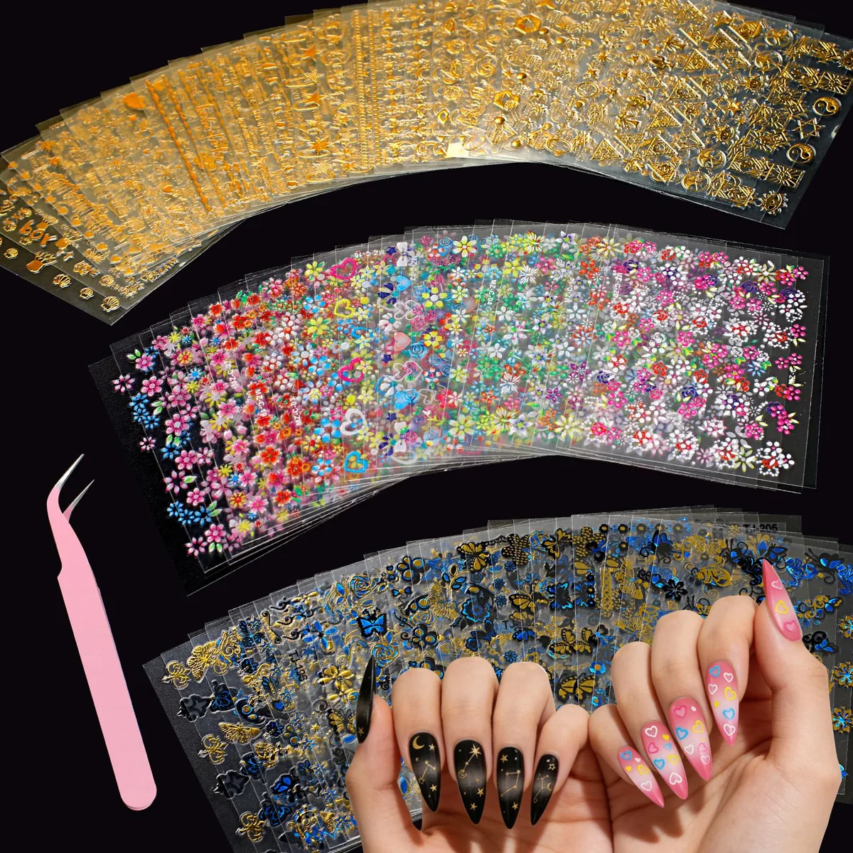 Pack of 90 floral nail stickers with tweezers