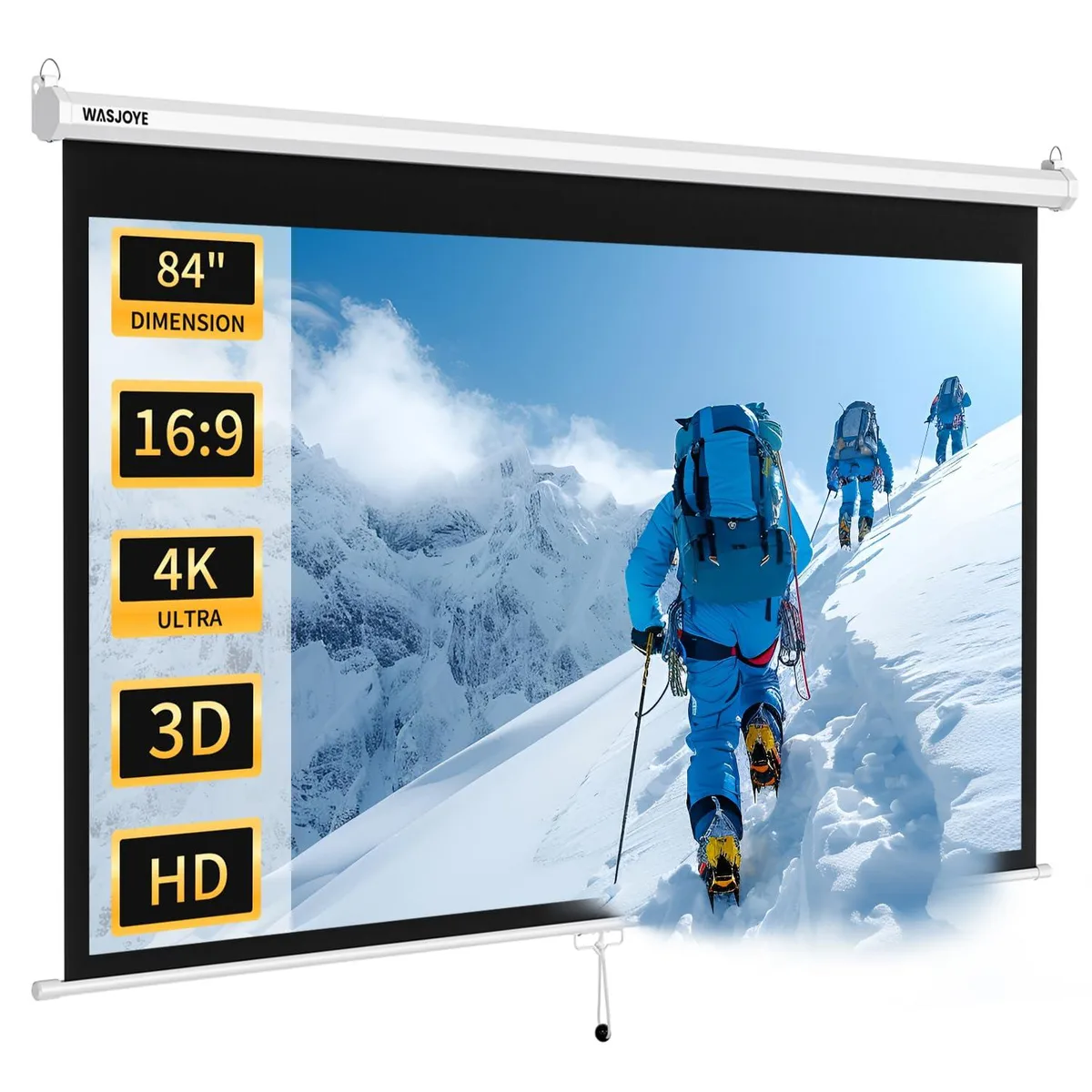 White rectangular pull-down screen in metal housing, 84 inch 16:9 viewing area, matte finish