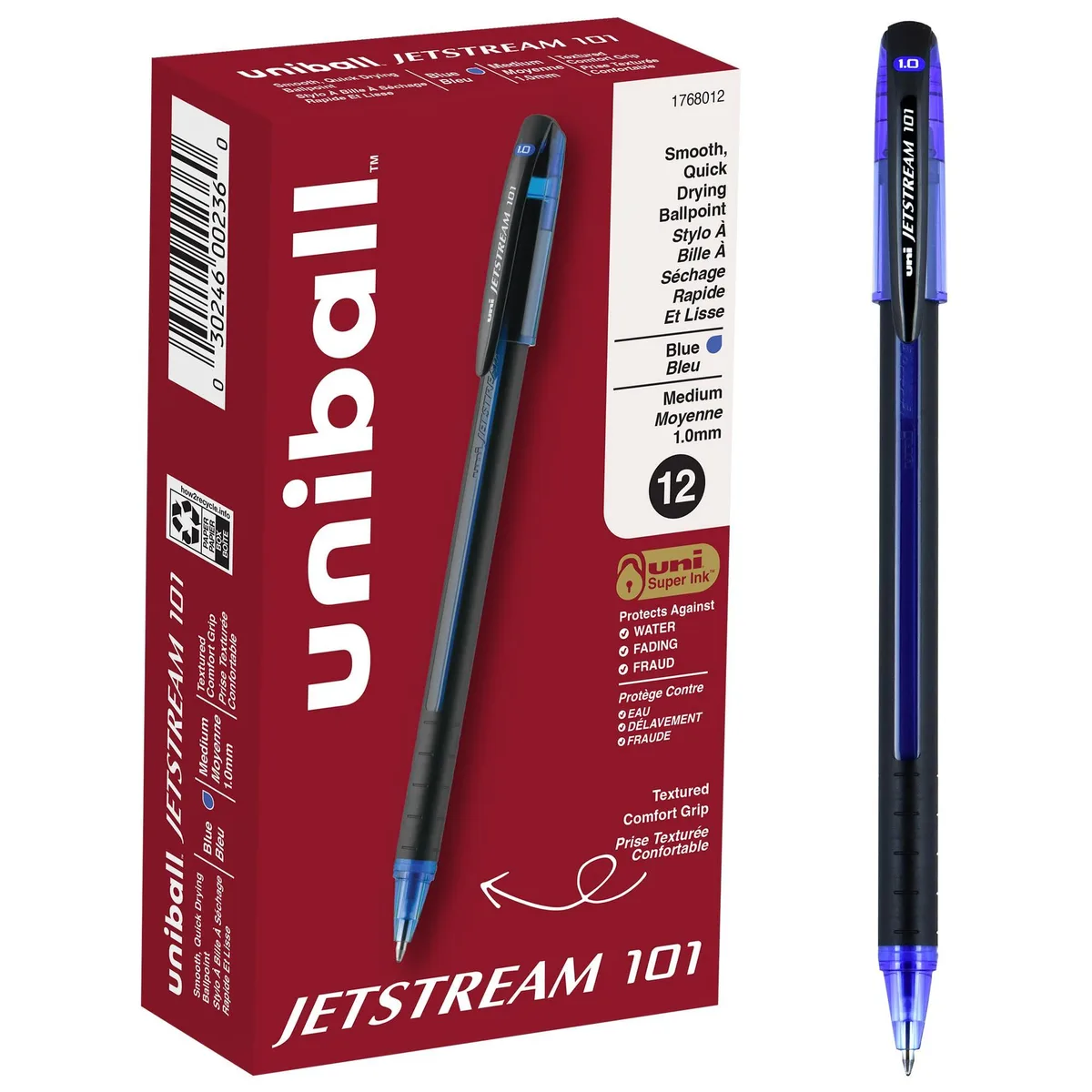Twelve blue ballpoint pens in a clear plastic pack