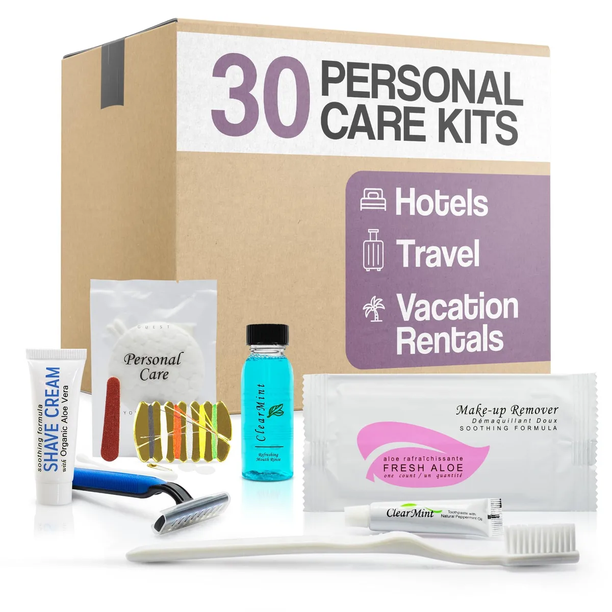 White box containing 150 travel-size toiletries in 8 categories, 30 each