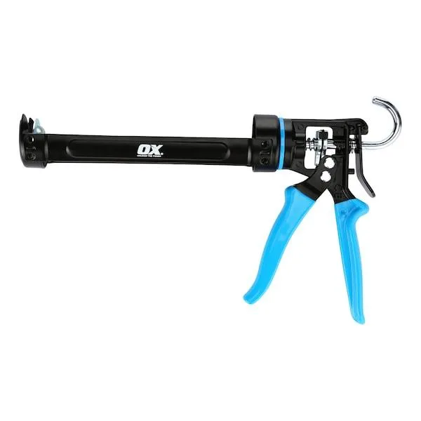 OX Tools Pro 10 oz caulk gun, heavy-duty steel barrel, rubber-coated handles, revolving frame