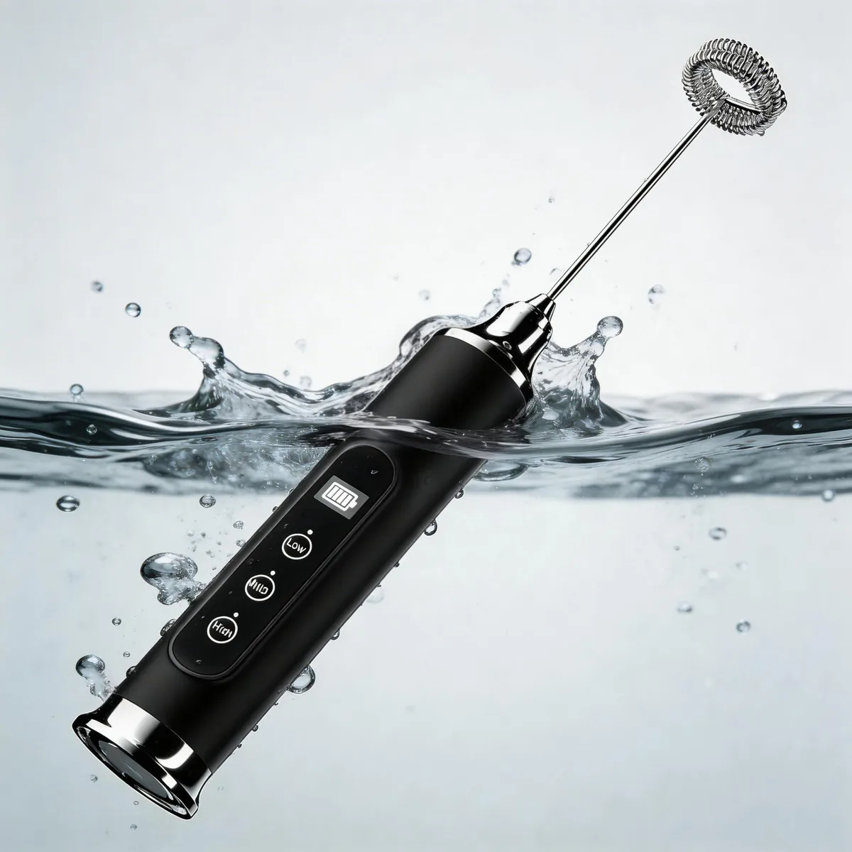 Black handheld drink mixer with three interchangeable whisk attachments and LED display