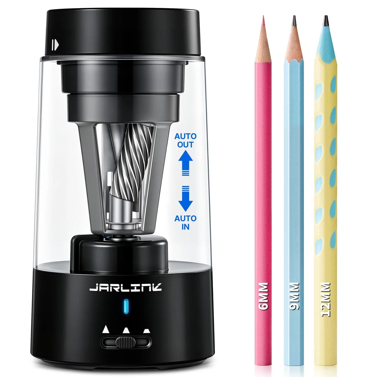 Black electric pencil sharpener with ABS housing and stainless steel blade, rechargeable via USB-C