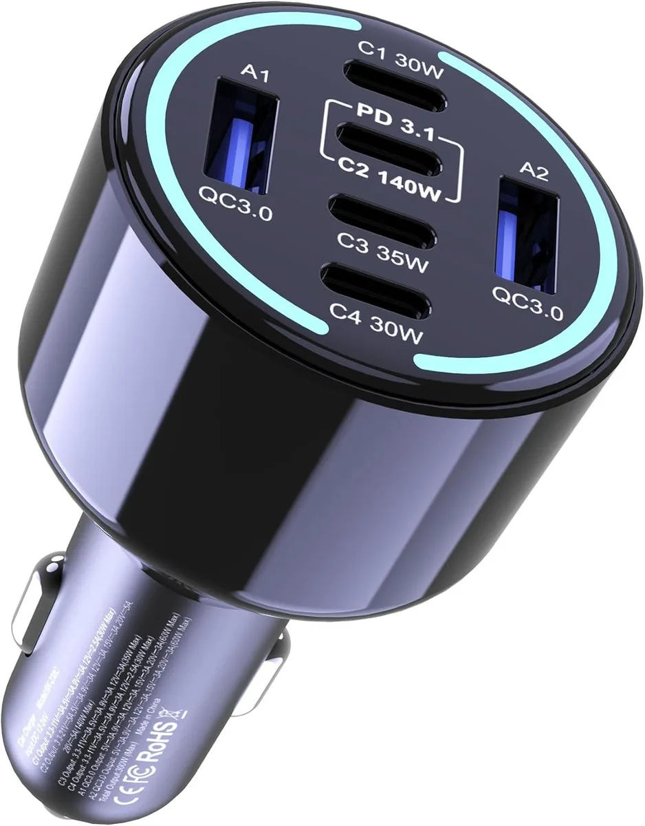 Hamzan Hamzan 300W USB C Car Charger 6 Ports 4 USB C 2 USB A — product photo