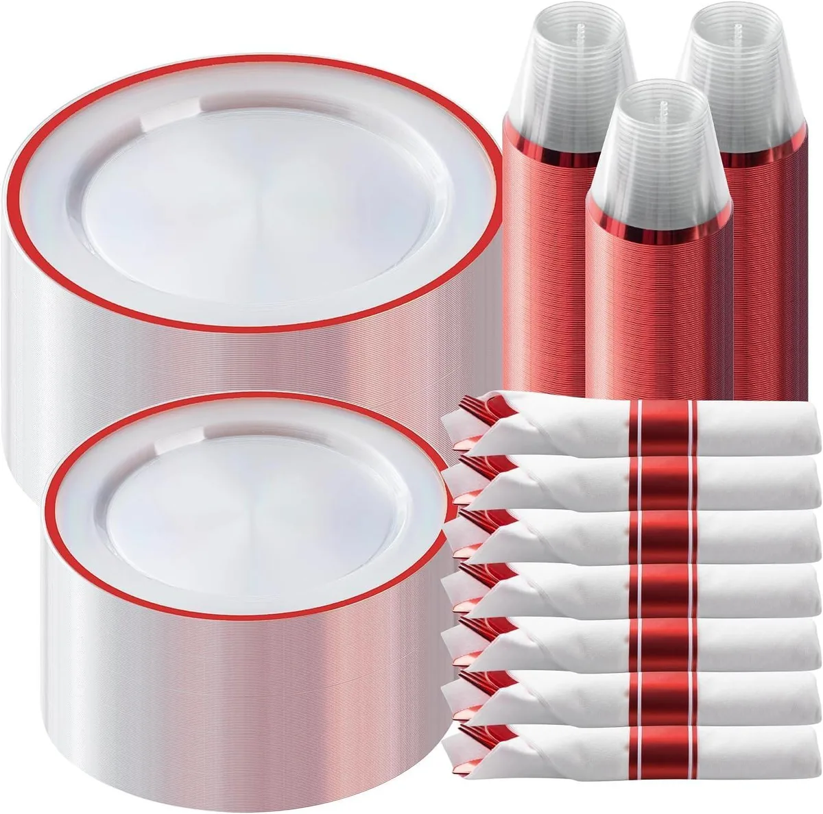 Red plastic dinnerware set in a rectangular box, 17 by 12 by 7 inches