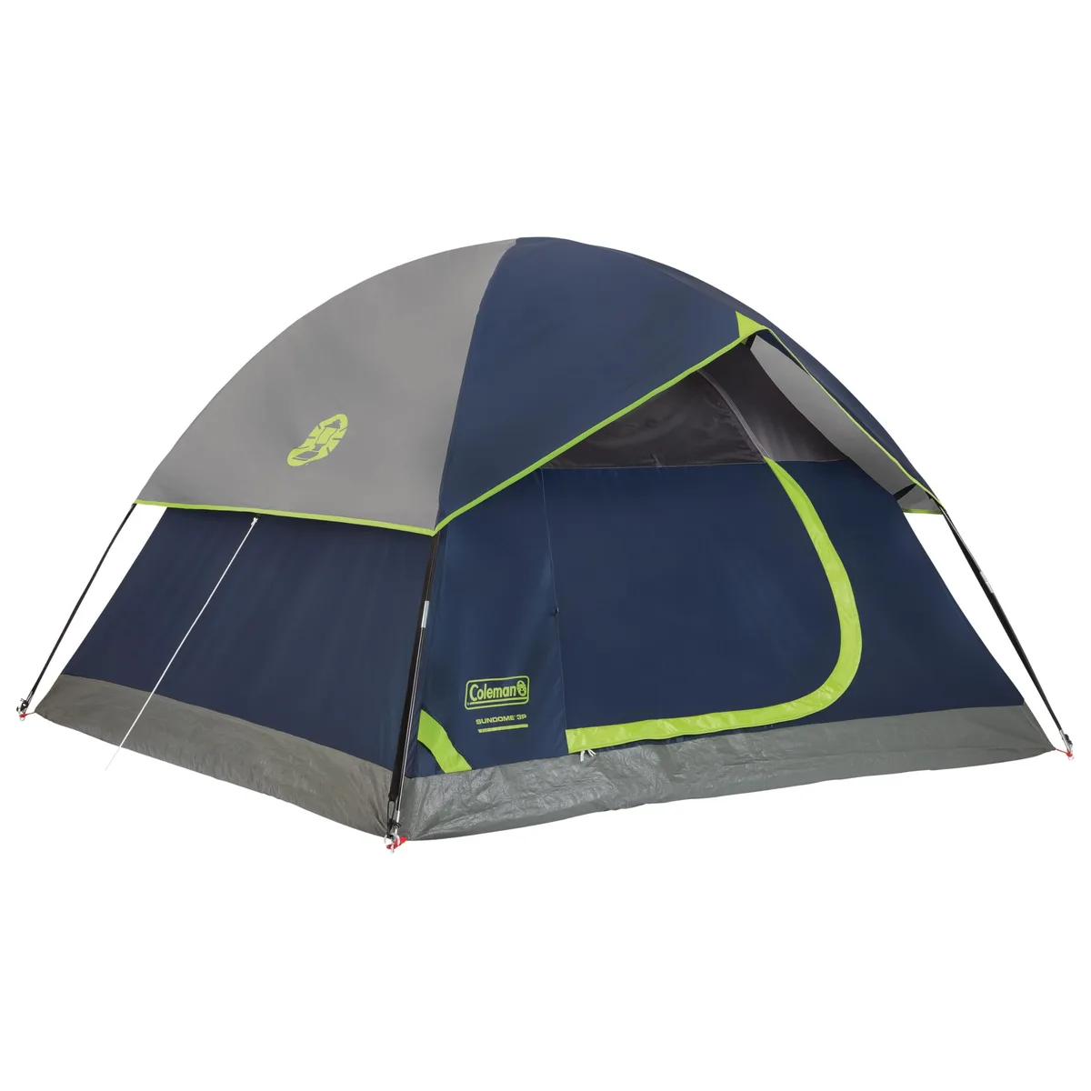 Green dome tent with rainfly, rectangular base, mesh windows and door visible
