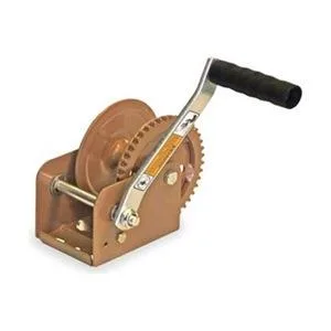 Black steel open-frame hand winch with permanent handle and web strap attached