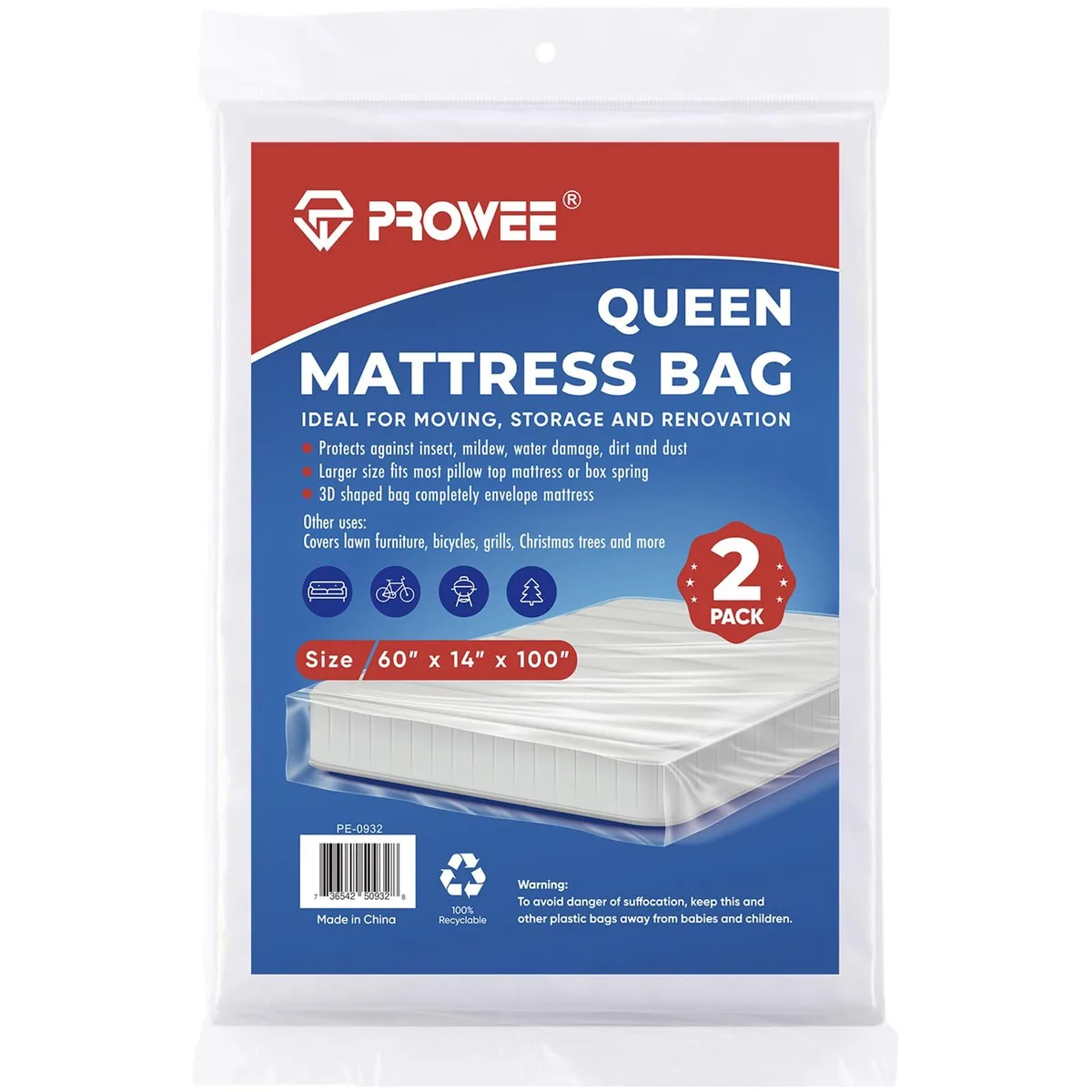 Two folded clear polyethylene mattress bags in queen size 60 by 100 by 14 inches 1.5 mil thickness
