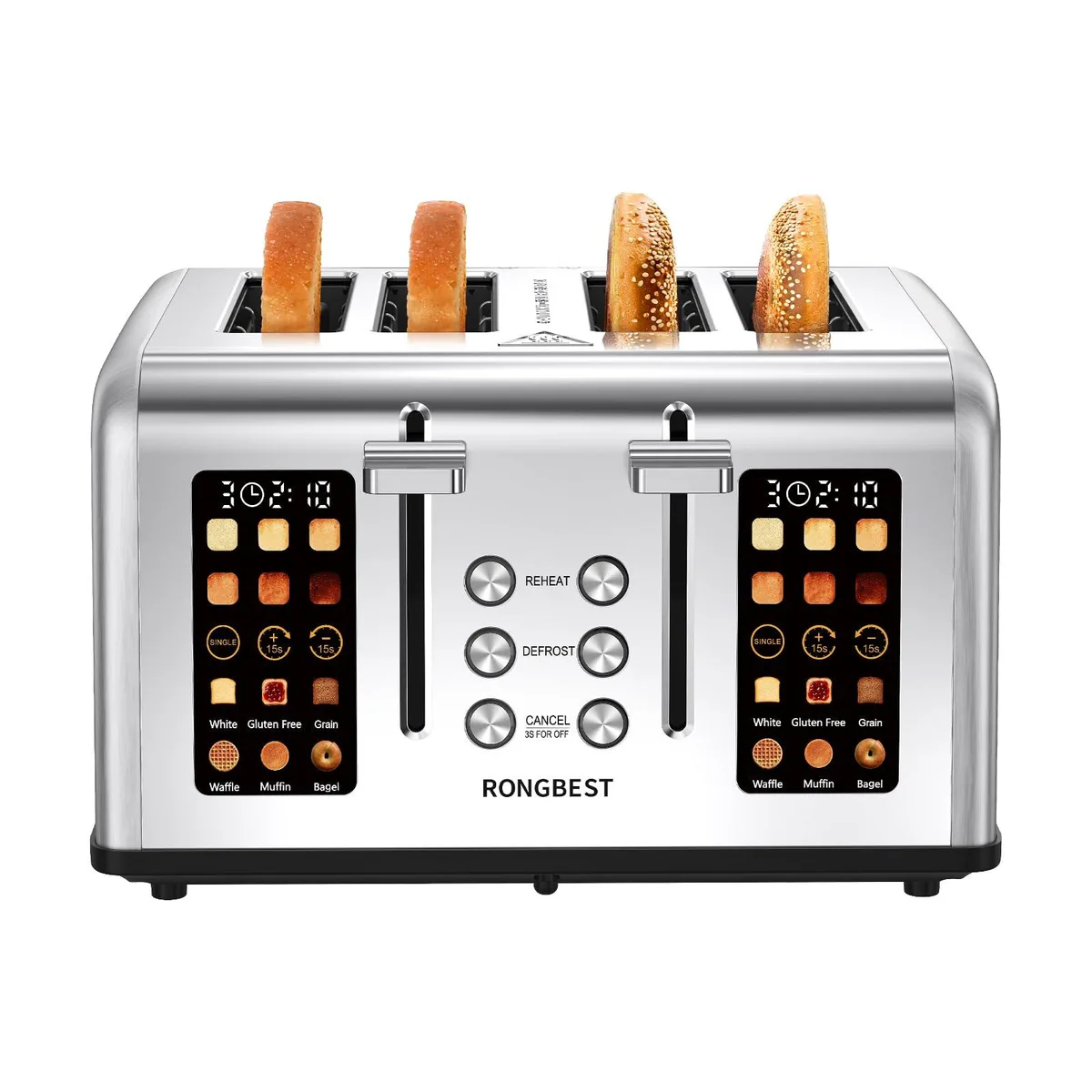Silver four-slice toaster with dual 4.4-inch touchscreens and stainless steel finish