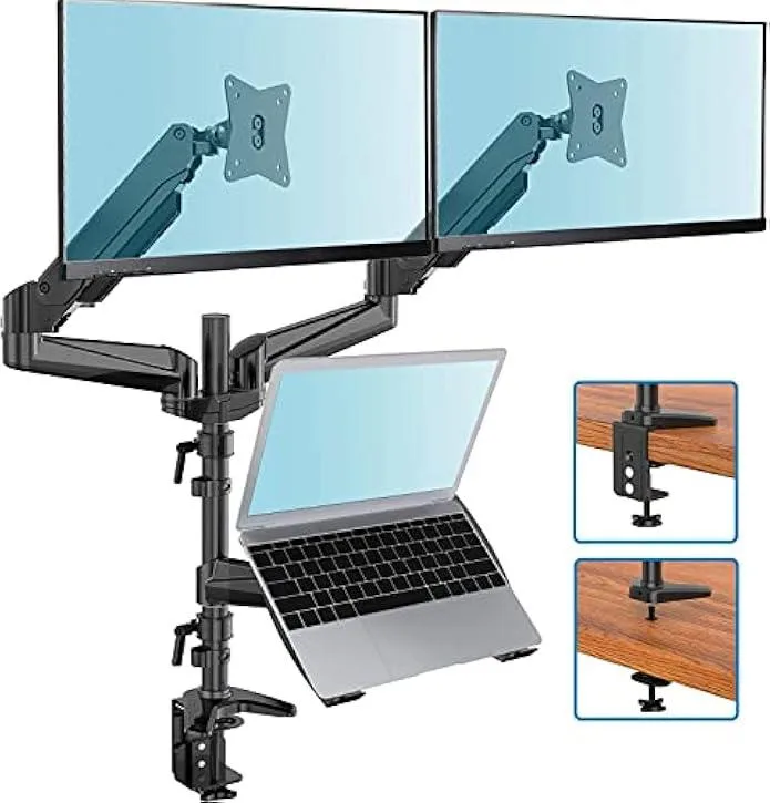 TAURKENAM TAURKENAM Dual Monitor Stand with Laptop Tray 13-27in 10-15in Gas Spring C-Clamp Grommet — product photo