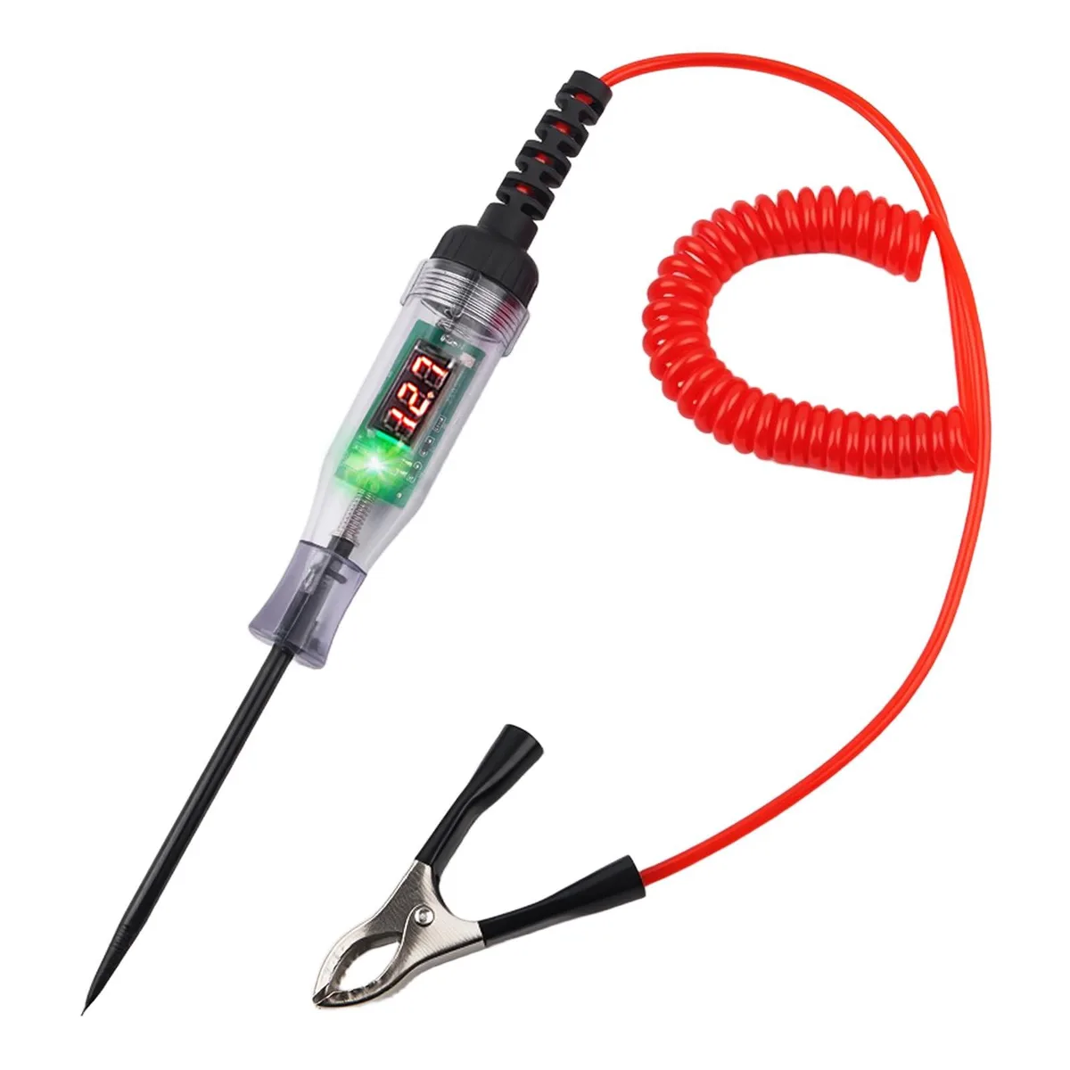A pen-shaped automotive circuit tester with LED digital display, red and green polarity indicators